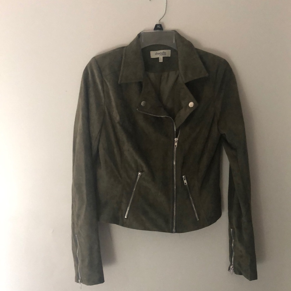 Green faux suede biker jacket